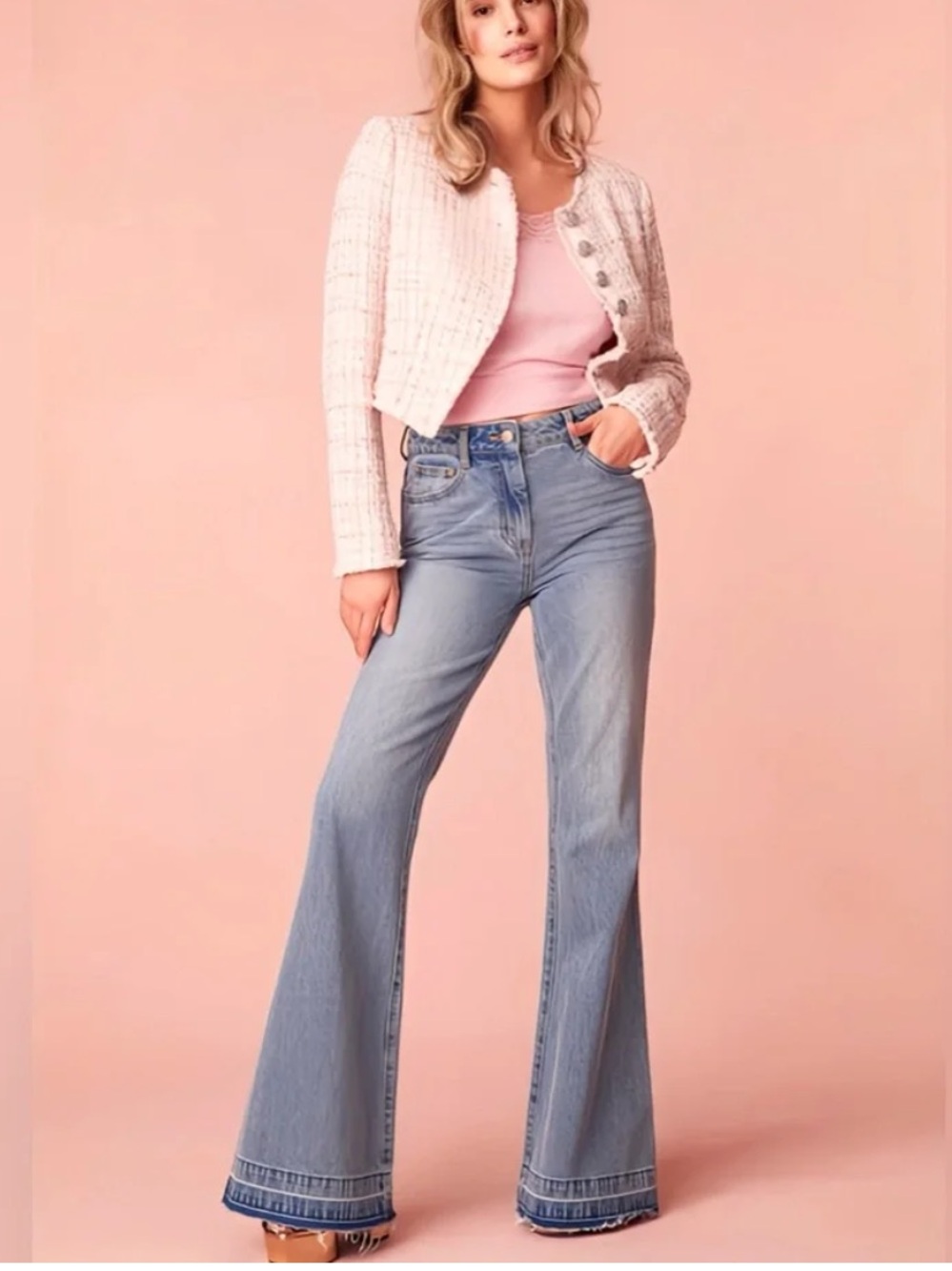 NWT LoveShackFancy Kala Flare Jeans - Light Wash raw hem Bell Bottoms Sz 28